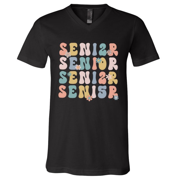 Retro Senior 2025 Groovy Floral Class Of 2025 V-Neck T-Shirt