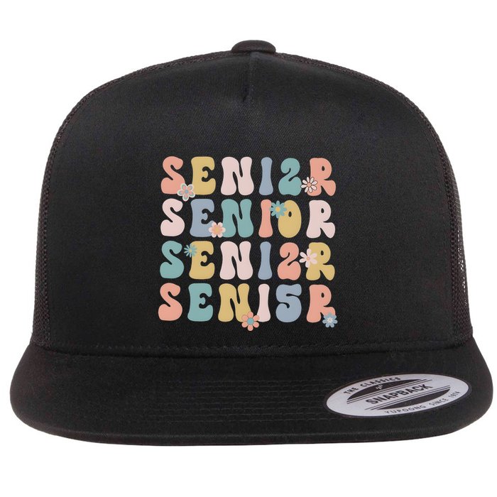 Retro Senior 2025 Groovy Floral Class Of 2025 Flat Bill Trucker Hat