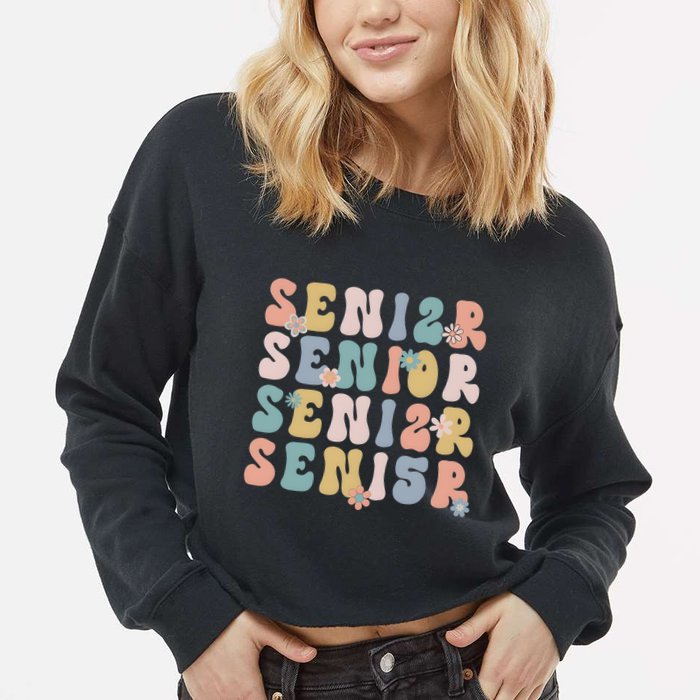 Retro Senior 2025 Groovy Floral Class Of 2025 Cropped Pullover Crew