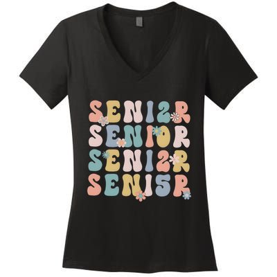 Retro Senior 2025 Groovy Floral Class Of 2025 Women's V-Neck T-Shirt