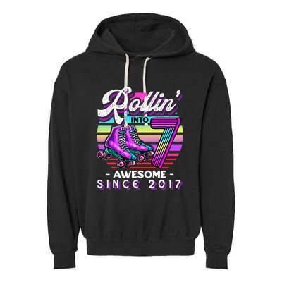 Roller Skating 7th Birthday Rollin Into 7 Awesome 2017 Garment-Dyed Fleece Hoodie