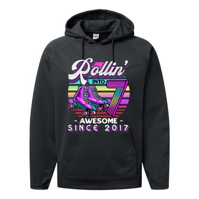 Roller Skating 7th Birthday Rollin Into 7 Awesome 2017 Performance Fleece Hoodie