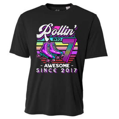 Roller Skating 7th Birthday Rollin Into 7 Awesome 2017 Cooling Performance Crew T-Shirt