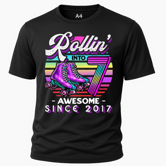 Roller Skating 7th Birthday Rollin Into 7 Awesome 2017 Cooling Performance Crew T-Shirt