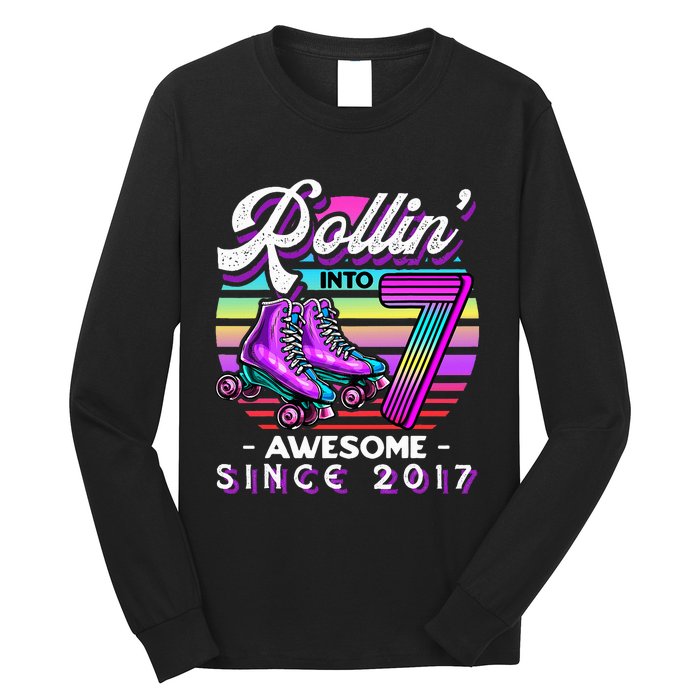 Roller Skating 7th Birthday Rollin Into 7 Awesome 2017 Long Sleeve Shirt