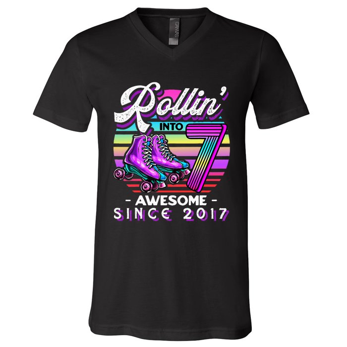 Roller Skating 7th Birthday Rollin Into 7 Awesome 2017 V-Neck T-Shirt