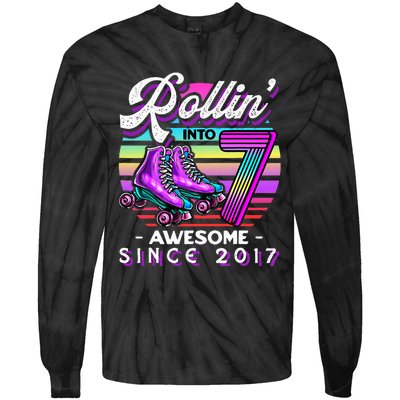 Roller Skating 7th Birthday Rollin Into 7 Awesome 2017 Tie-Dye Long Sleeve Shirt