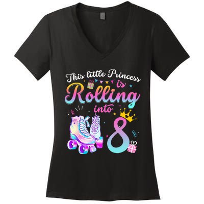 Roller Skate 8th Birthday 8 Year Old Girl Party Outfit Women's V-Neck T-Shirt