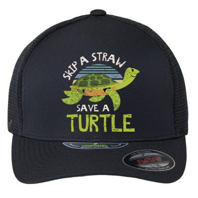 Retro Skip A Straw Save A Turtle Design Idea Green Gift Flexfit Unipanel Trucker Cap