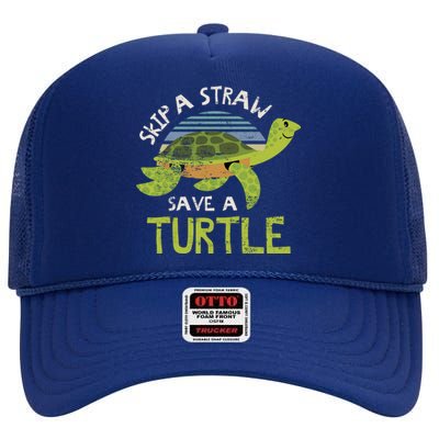 Retro Skip A Straw Save A Turtle Design Idea Green Gift High Crown Mesh Back Trucker Hat