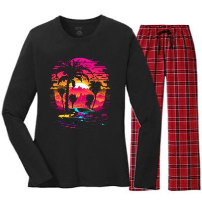 Retrowave Synthwave Aesthetic Sports Car 80s 90s Women's Long Sleeve Flannel Pajama Set 