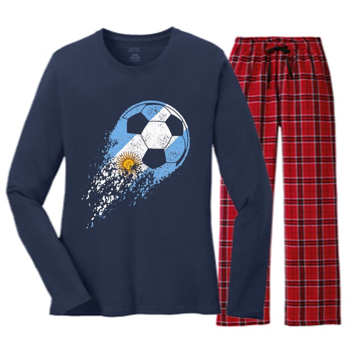 retro Soccer Argentinian Flag Pride Soccer Player Women's Long Sleeve Flannel Pajama Set 