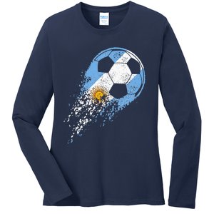 retro Soccer Argentinian Flag Pride Soccer Player Ladies Long Sleeve Shirt