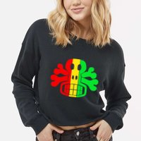 RASTA SKULL AND CROSSBONES Reggae Dub Club Rave Cropped Pullover Crew