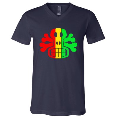 RASTA SKULL AND CROSSBONES Reggae Dub Club Rave V-Neck T-Shirt