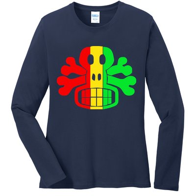 RASTA SKULL AND CROSSBONES Reggae Dub Club Rave Ladies Long Sleeve Shirt
