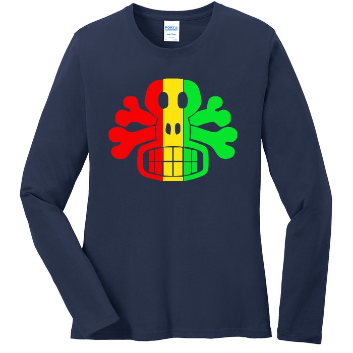 RASTA SKULL AND CROSSBONES Reggae Dub Club Rave Ladies Long Sleeve Shirt