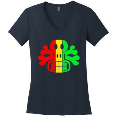 RASTA SKULL AND CROSSBONES Reggae Dub Club Rave Women's V-Neck T-Shirt