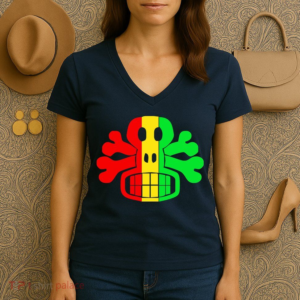 RASTA SKULL AND CROSSBONES Reggae Dub Club Rave Women's V-Neck T-Shirt