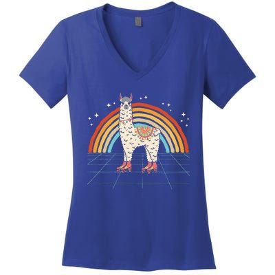 Roller Skating Alpaca Skater Skate 70s 80s Women's V-Neck T-Shirt