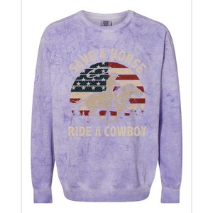 Retro Save A Horse Ride A Cow Riding Horse Rodeo Usa Flag Gift Colorblast Crewneck Sweatshirt