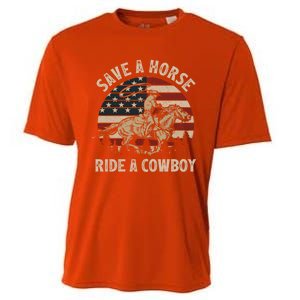 Retro Save A Horse Ride A Cow Riding Horse Rodeo Usa Flag Gift Cooling Performance Crew T-Shirt