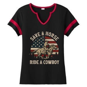 Retro Save A Horse Ride A Cow Riding Horse Rodeo Usa Flag Gift Ladies Halftime Notch Neck Tee