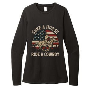 Retro Save A Horse Ride A Cow Riding Horse Rodeo Usa Flag Gift Womens CVC Long Sleeve Shirt