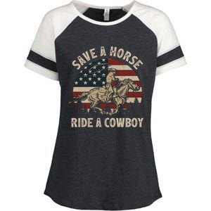 Retro Save A Horse Ride A Cow Riding Horse Rodeo Usa Flag Gift Enza Ladies Jersey Colorblock Tee