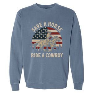 Retro Save A Horse Ride A Cow Riding Horse Rodeo Usa Flag Gift Garment-Dyed Sweatshirt