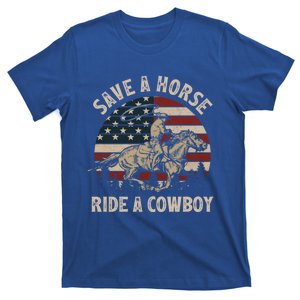 Retro Save A Horse Ride A Cow Riding Horse Rodeo Usa Flag Gift T-Shirt