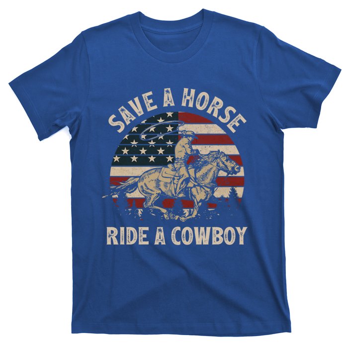 Retro Save A Horse Ride A Cow Riding Horse Rodeo Usa Flag Gift T-Shirt