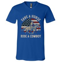 Retro Save A Horse Ride A Cow Riding Horse Rodeo Usa Flag Gift V-Neck T-Shirt