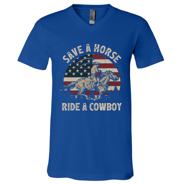 Retro Save A Horse Ride A Cow Riding Horse Rodeo Usa Flag Gift V-Neck T-Shirt