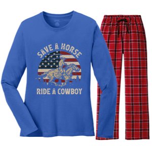 Retro Save A Horse Ride A Cow Riding Horse Rodeo Usa Flag Gift Women's Long Sleeve Flannel Pajama Set 