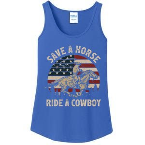 Retro Save A Horse Ride A Cow Riding Horse Rodeo Usa Flag Gift Ladies Essential Tank