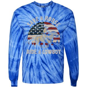 Retro Save A Horse Ride A Cow Riding Horse Rodeo Usa Flag Gift Tie-Dye Long Sleeve Shirt