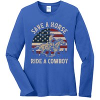 Retro Save A Horse Ride A Cow Riding Horse Rodeo Usa Flag Gift Ladies Long Sleeve Shirt