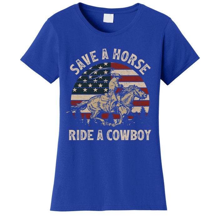 Retro Save A Horse Ride A Cow Riding Horse Rodeo Usa Flag Gift Women's T-Shirt