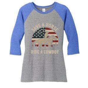 Retro Save A Horse Ride A Cow Riding Horse Rodeo Usa Flag Gift Women's Tri-Blend 3/4-Sleeve Raglan Shirt