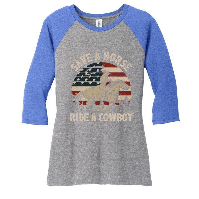 Retro Save A Horse Ride A Cow Riding Horse Rodeo Usa Flag Gift Women's Tri-Blend 3/4-Sleeve Raglan Shirt