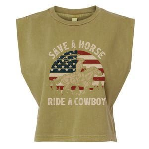 Retro Save A Horse Ride A Cow Riding Horse Rodeo Usa Flag Gift Garment-Dyed Women's Muscle Tee