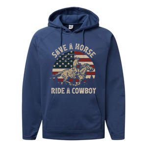 Retro Save A Horse Ride A Cow Riding Horse Rodeo Usa Flag Gift Performance Fleece Hoodie