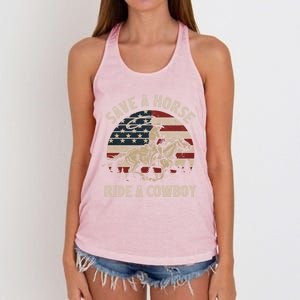 Retro Save A Horse Ride A Cow Riding Horse Rodeo Usa Flag Gift Women's Knotted Racerback Tank