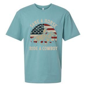 Retro Save A Horse Ride A Cow Riding Horse Rodeo Usa Flag Gift Sueded Cloud Jersey T-Shirt