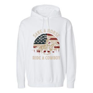 Retro Save A Horse Ride A Cow Riding Horse Rodeo Usa Flag Gift Garment-Dyed Fleece Hoodie