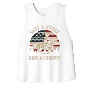 Retro Save A Horse Ride A Cow Riding Horse Rodeo Usa Flag Gift Women's Racerback Cropped Tank