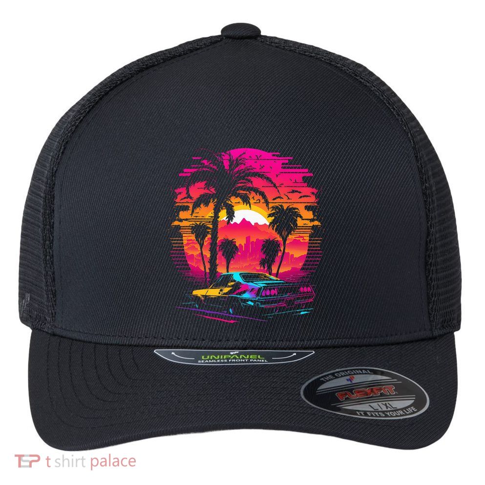 Retrowave Synthwave Aesthetic Sports Car 80s 90s Flexfit Unipanel Trucker Cap
