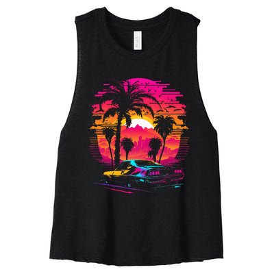 Retrowave Synthwave Aesthetic Sports Car 80s 90s Women's Racerback Cropped Tank