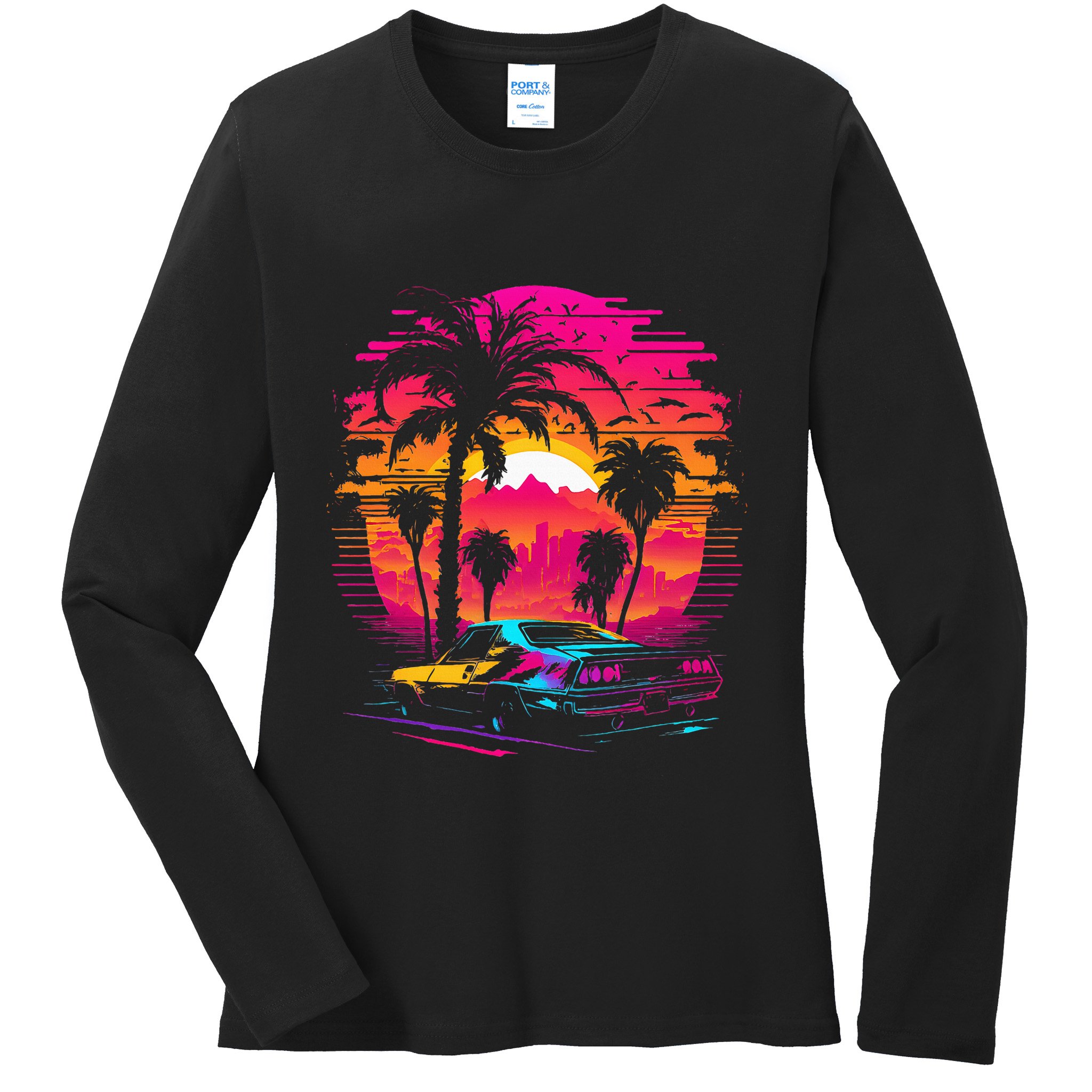 Retrowave Synthwave Aesthetic Sports Car 80s 90s Ladies Long Sleeve Shirt